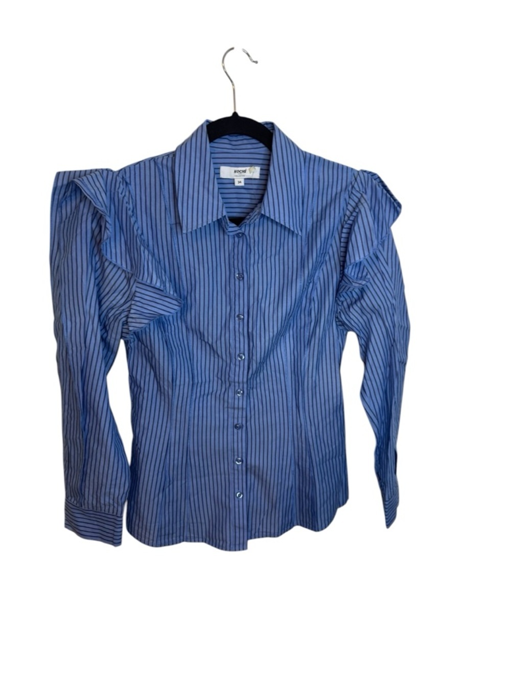 Kochè Collective Blue Pinstripe Ruffle Shoulder Button Down Blouse